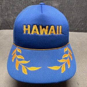 Vintage Hawaii Trucker Hat Blue Gold Leaf Brim Mesh Snapback Cap